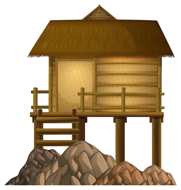 Free Vector traditional thai stilt house with thatched roof