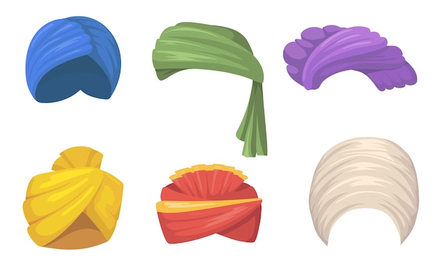 Traditional turbans set. Indian and Arabic hats, colorful sikh headgear fires isolated on white.  Flat Illustration
