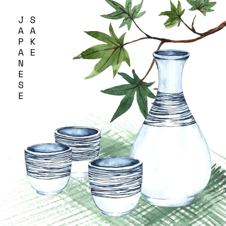 Free Vector traditional watercolour japanese sake and chopsticks