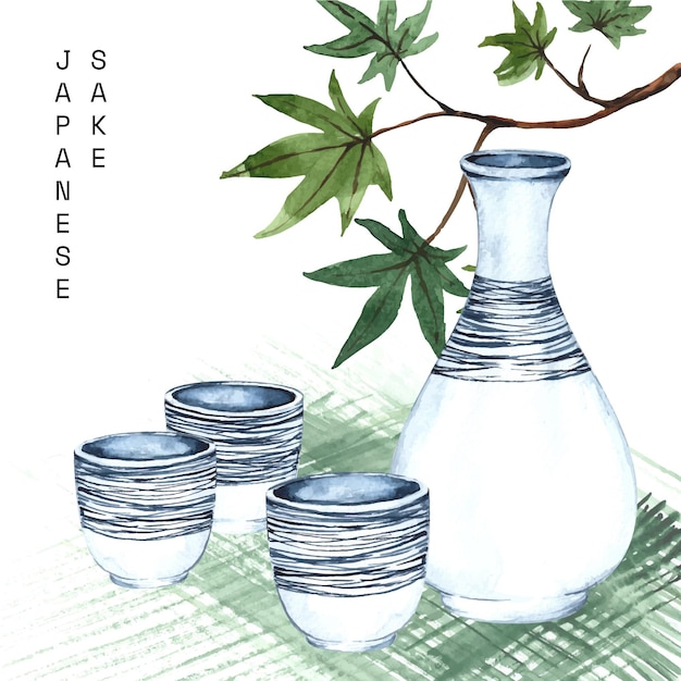 Traditional watercolour japanese sake and chopsticks