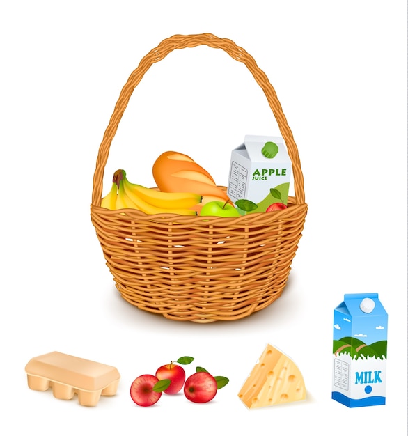 Free vector traditional woven basket with products