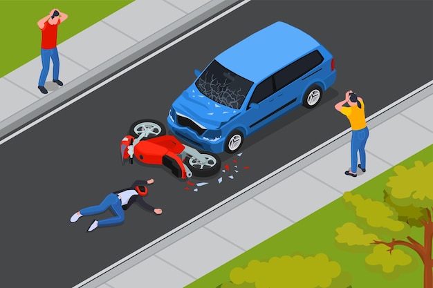 Traffic accident isometric composition with crash between car and motorcycle injured motorcyclist on road bystanders vector illustration