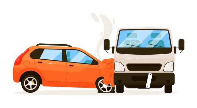 交通事故 車は白い背景で隔離の輸送バントラックにぶつかった 輸送イラストとの衝突後の自動車傷害との交通衝突 プレミアムベクター