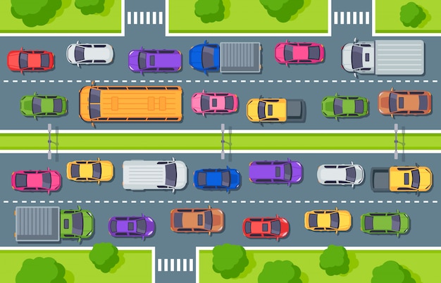 Пробка. вид сверху шоссе, грузовики автомобили на дороге и иллюстрации управления движением автомобилей Premium векторы