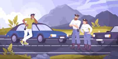 Free vector traffic police patrol scene with drunk driver flat illustration