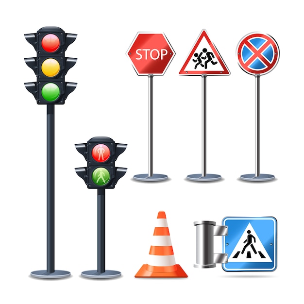 Traffic sign and lights realistic 3d decorative icons set