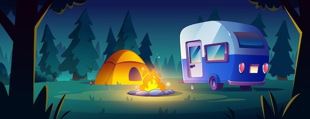 Trailer camp in night forest