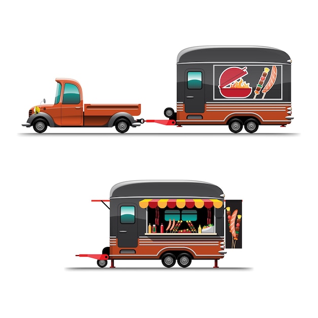 Free vector trailer food truck on side view with counter barbecue grill, large model hotdoc on top of car,  illustration