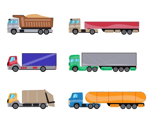 Trailer trucks side view set Commercial lorry truck with container dump truck garbage truck