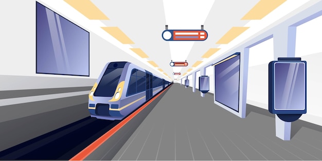 無料ベクター 地下鉄駅の背景で電車現代の地下鉄のプラットフォーム広告バナー付きの都市の水平方向の都市景観パノラマの地下の公共交通機関の内部