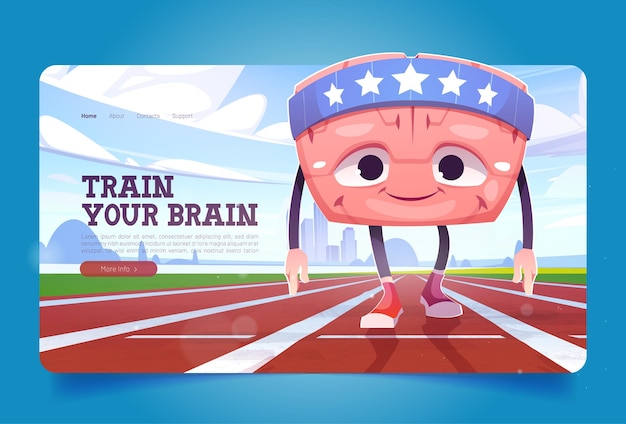 Train brain banner with cute runner character on stadium.\
vector landing page of creative exercises for human mind with\
cartoon illustration of happy brain workout