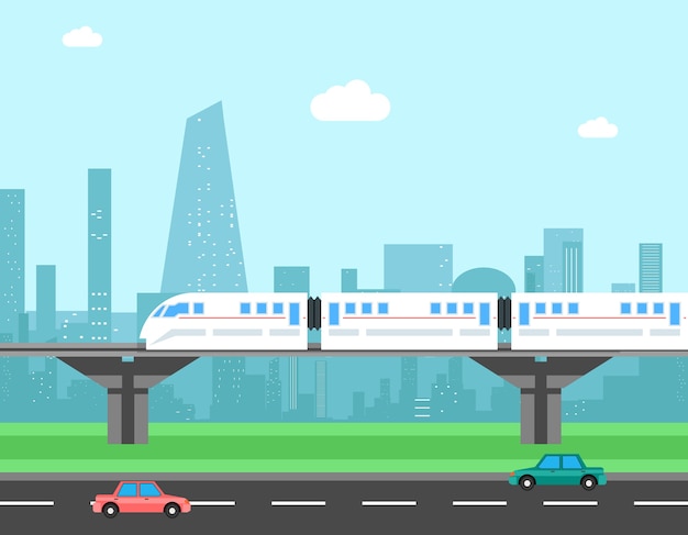 Train and cityscape. transportation vector concept. transport city, railroad and traffic