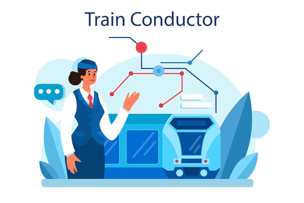 Train conductor railway worker in uniform on duty train attendant help passenger in journey traveling by train idea of professional occupation and tourism vector illustration