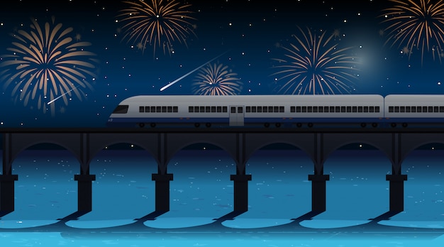 Train cross the river with celebration fireworks scene