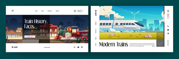 Баннеры истории поездов со старинным паровым двигателем и современным скоростным метро Векторные целевые страницы с карикатурной иллюстрацией городского пейзажа с железной дорогой и западного города со старинным поездом