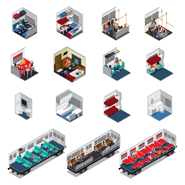 Free vector train interior isometric set