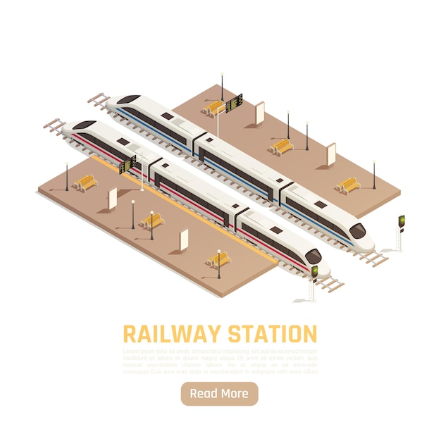 Illustrazione isometrica della stazione ferroviaria del treno con testo modificabile del pulsante leggi altro e piattaforme con treni intercity