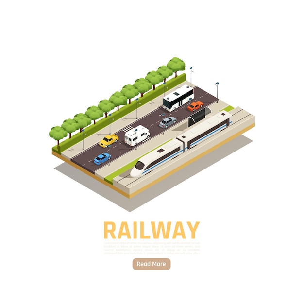Train railway station isometric illustration with urban scenery cars on motorway with railway and city train