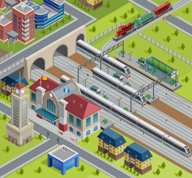 Free vector train railway station isometric poster