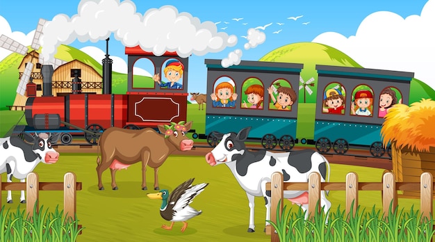 Vettore gratuito treno a cavallo con i bambini in campagna