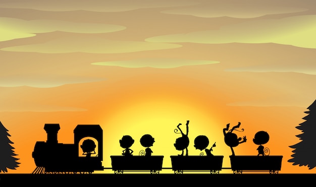 Free vector train silhouette at sunset