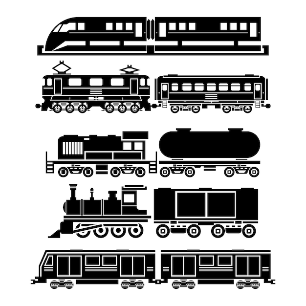 Free vector train, sky train, subway icons set. passenger and public transport symbols. transportation travel, vehicle traffic,