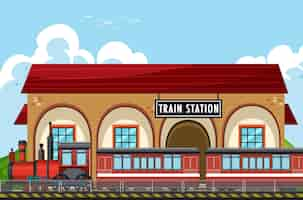 Free vector train station scene with steam locomotive