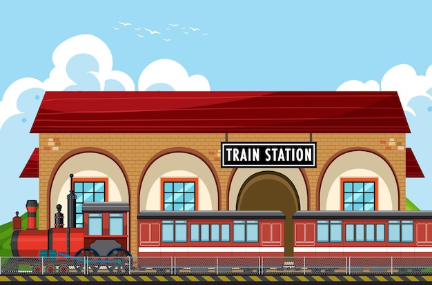 Train station scene with steam locomotive