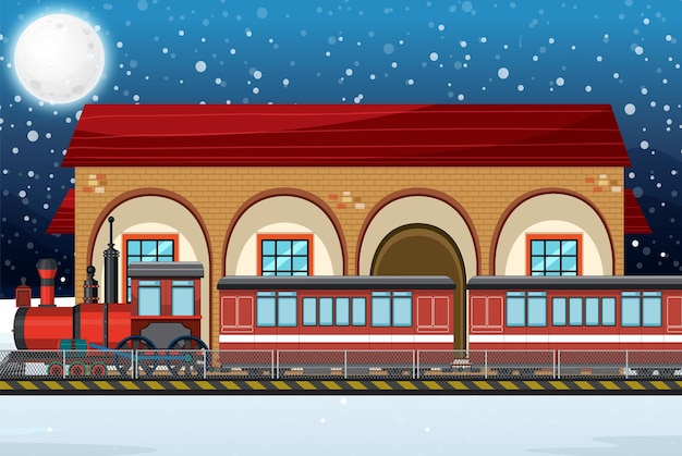 Free vector train station scene with steam locomotive