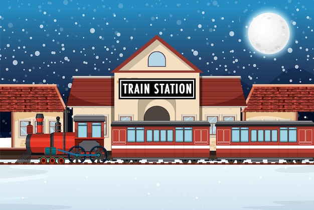 Free vector train station scene with steam locomotive