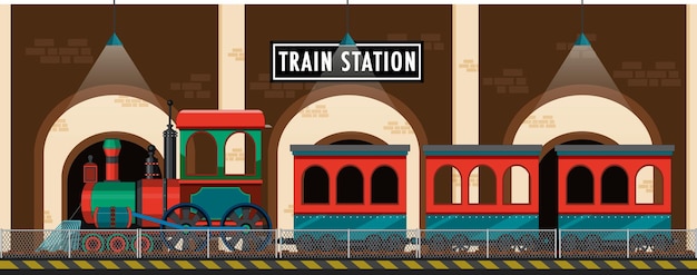 Free vector train station scene with steam locomotive