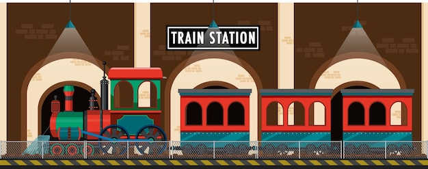 Train station scene with steam locomotive