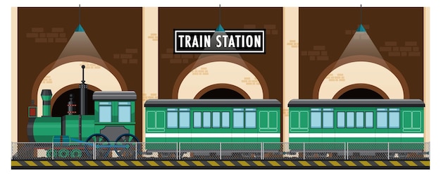 Free vector train station scene with steam locomotive