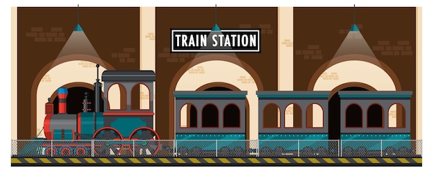 Free vector train station scene with steam locomotive