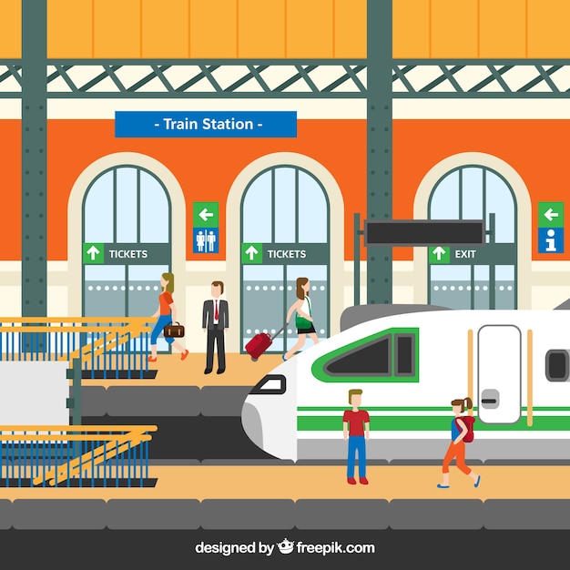 Free vector train station with characters in flat design