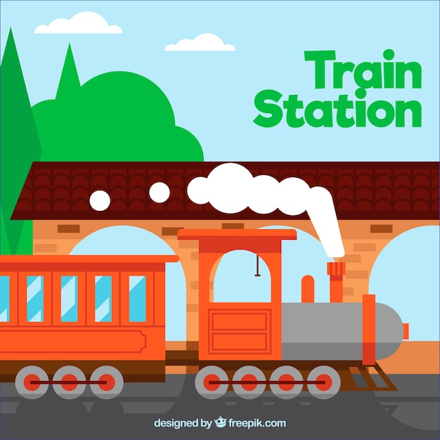 Train station with orange train in flat design