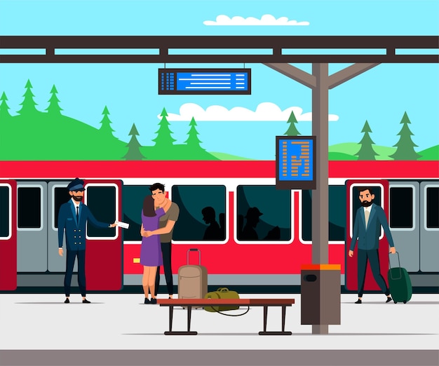 Поезд или вагон метро прибыли люди садятся Кондуктор проверяет билеты у путешественников пара обнимается перед отъездом
