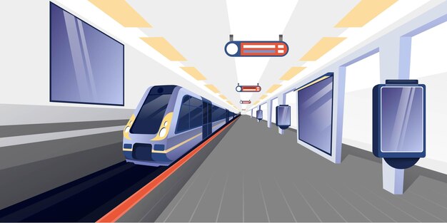 地下鉄駅の背景で電車現代の地下鉄のプラットフォーム広告バナー付きの都市の水平方向の都市景観パノラマの地下の公共交通機関の内部