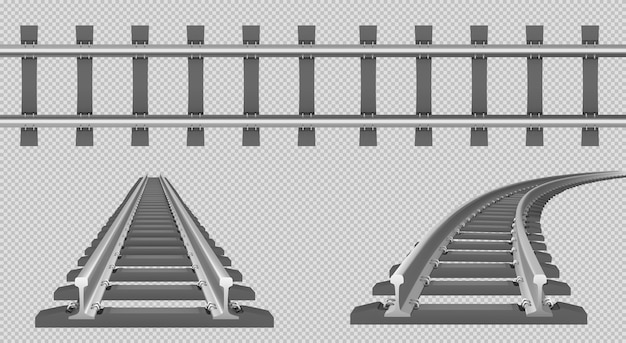 Free vector train track, straight and turn railway in top and perspective view