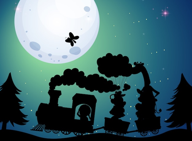 Free vector train travel at night silhouette scene