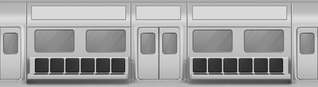 Бесплатное векторное изображение Интерьер вагона поезда с сиденьями, окнами и закрытыми дверями. реалистичный фон со стеклянными окнами, раздвижными дверями, поручнями и стульями в вагоне метро. пустой вагон метро внутри