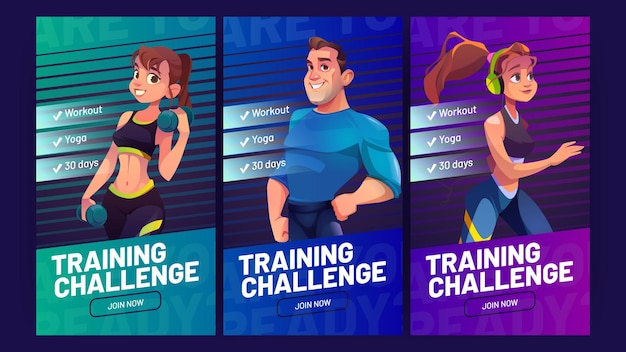 Training challenge gym workout vector web banners