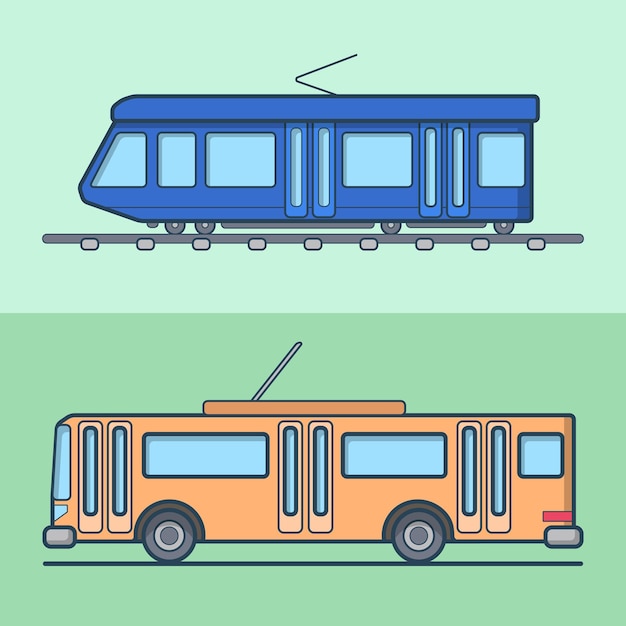 Tram trolleybus trolley bus public transport set. Linear stroke outline    icons.
