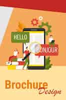 Free vector translating app on mobile phone. people using online translation service, translating from english into french. vector illustration for foreign language learning, online service, communication concept