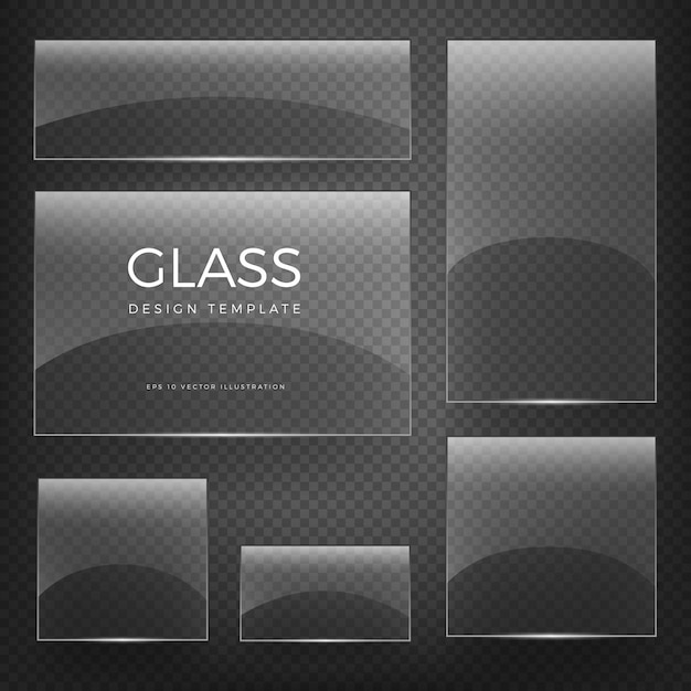 Free vector transparent glass blank vertical and horizontal glossy empty banners and cards on checkered background