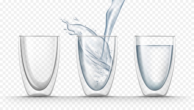 Transparent glass cups with fresh water in realistic style