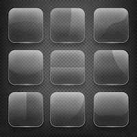 Transparent glass square app buttons on checkered background. blank empty, shiny and glossy. vector illustration icons set