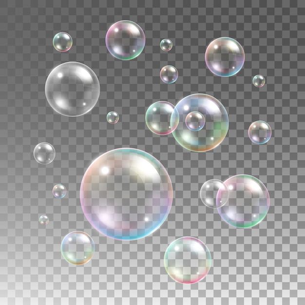 Transparent multicolored soap bubbles  set on plaid background. Sphere ball, design water and foam, aqua wash 