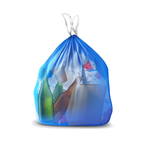 Transparent plastic bag with trash realistic composition of translucent container filled with paper and glass bottles