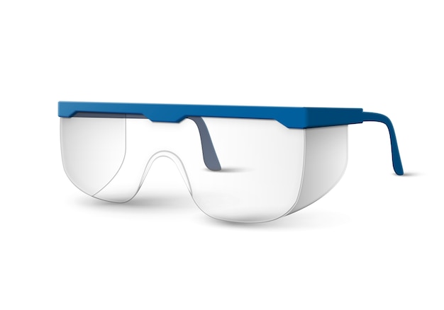 白で隔離の青いイヤピースと透明なプラスチック製の実験用メガネ